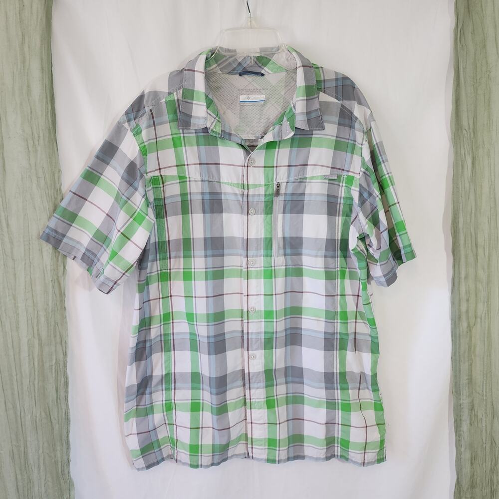 Columbia Green White Plaid Short Sleeve Button Up  Fishing Sports Men's Shirt L